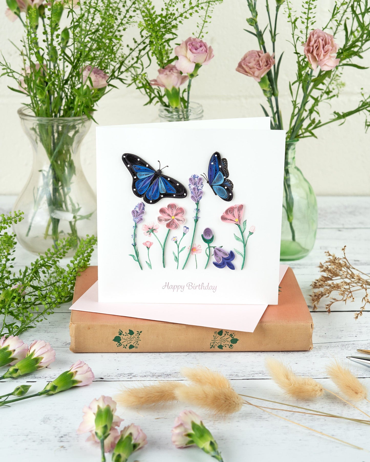 Birthday Flowers & Blue Butterflies Quilling Card