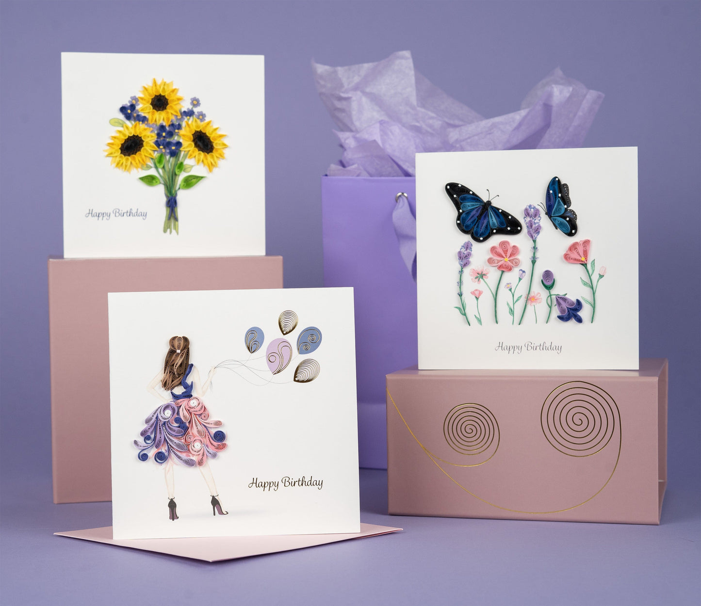 Birthday Flowers & Blue Butterflies Quilling Card