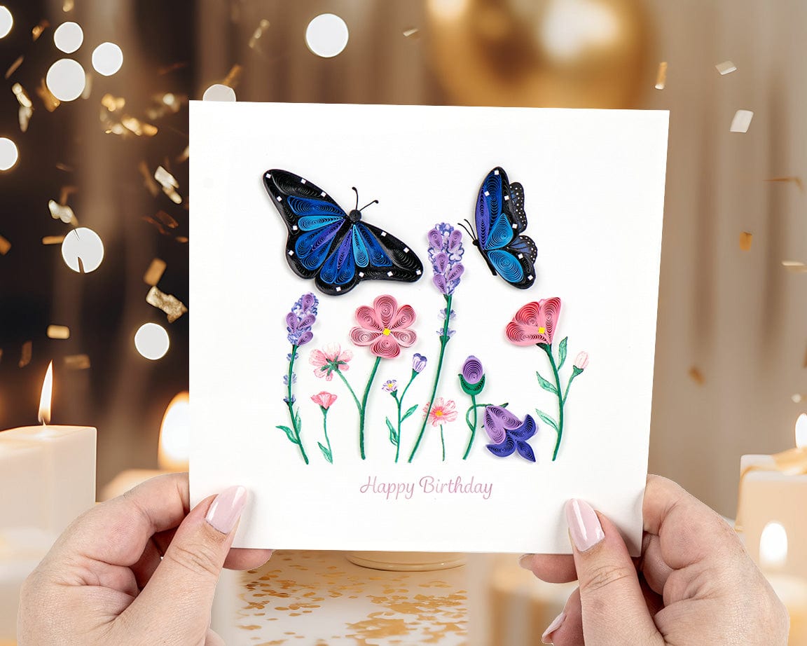 Birthday Flowers & Blue Butterflies Quilling Card