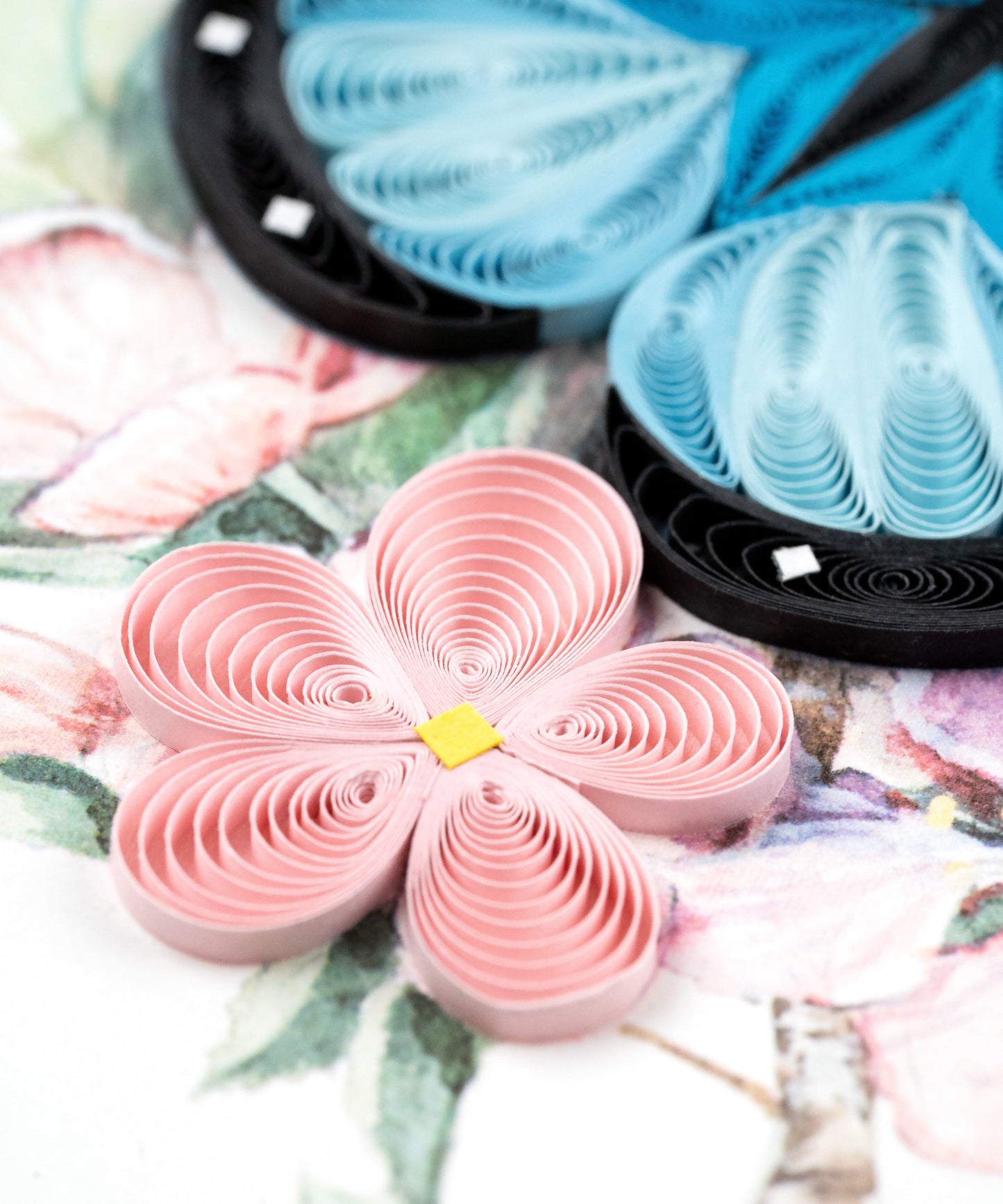 Blue Butterfly & Pink Flowers Quilling Card