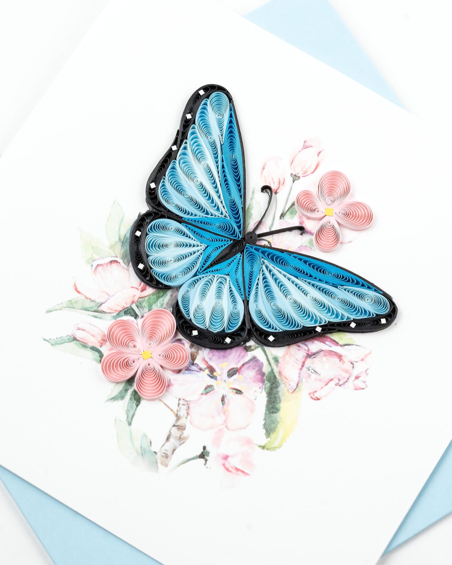 Blue Butterfly & Pink Flowers Quilling Card