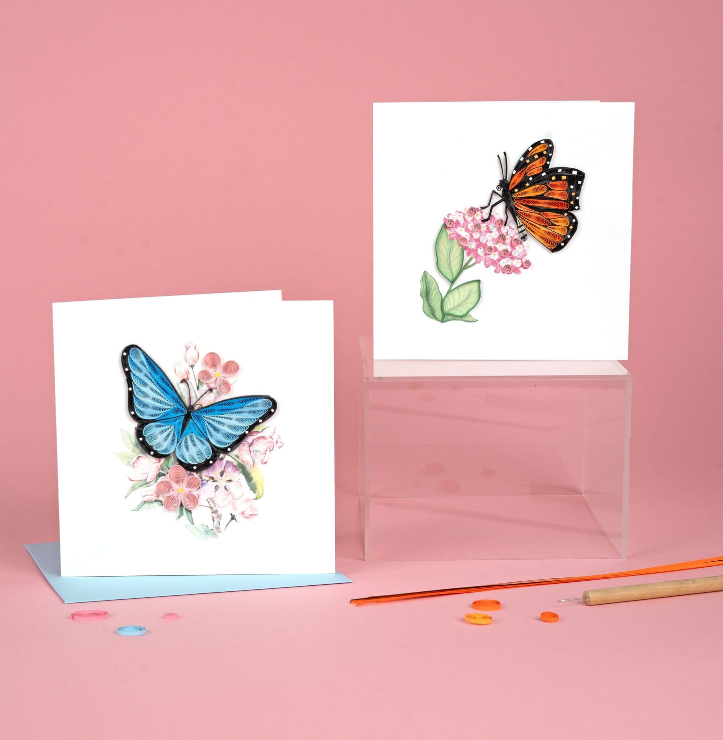Blue Butterfly & Pink Flowers Quilling Card