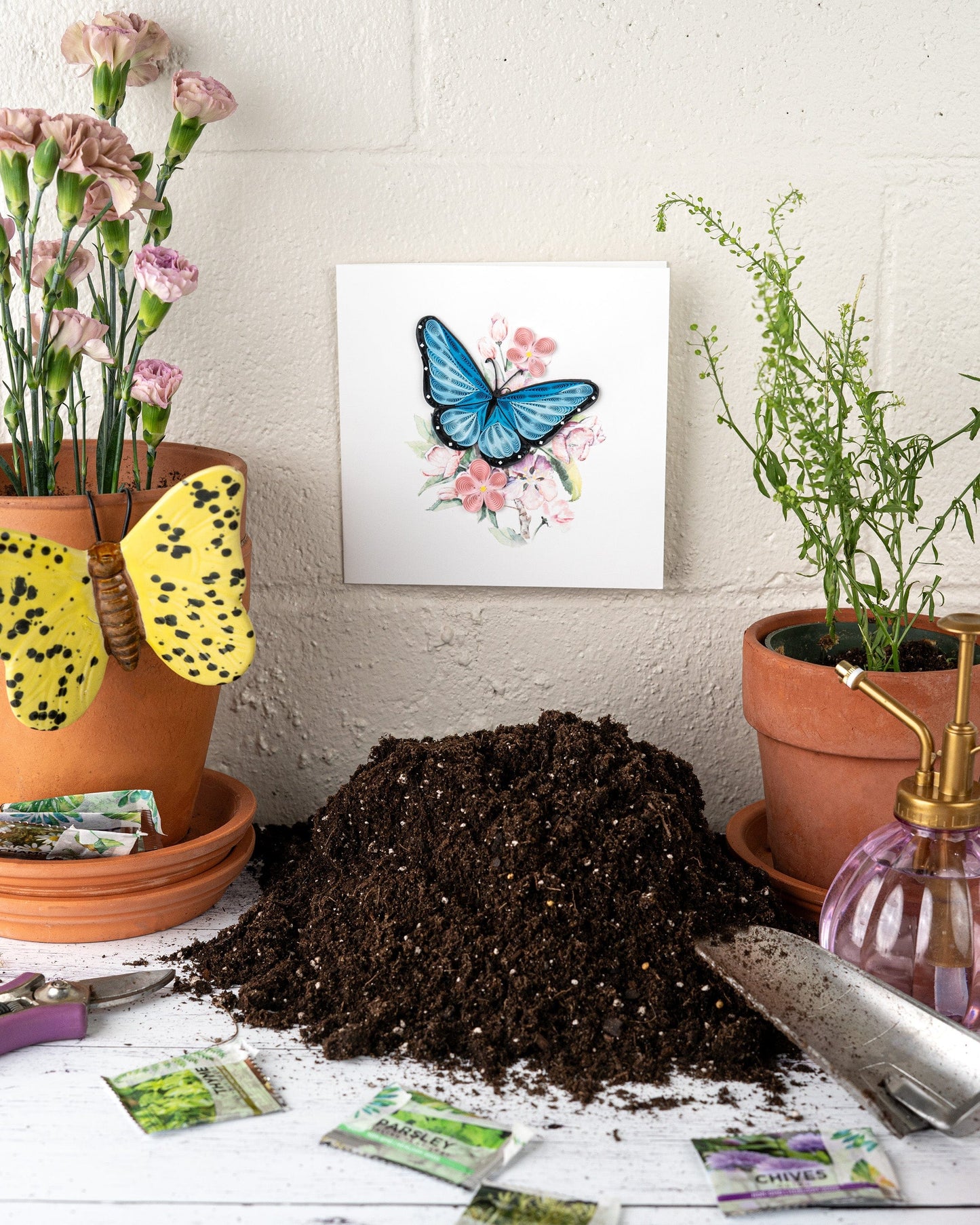 Blue Butterfly & Pink Flowers Quilling Card