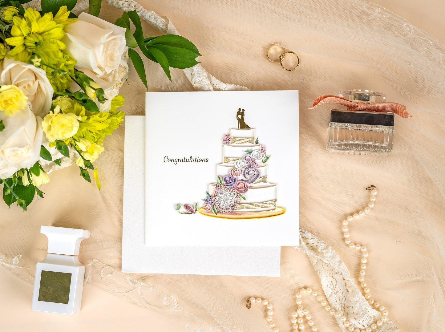 Quilled Floral Wedding Cake Greeting Card 7625063039055