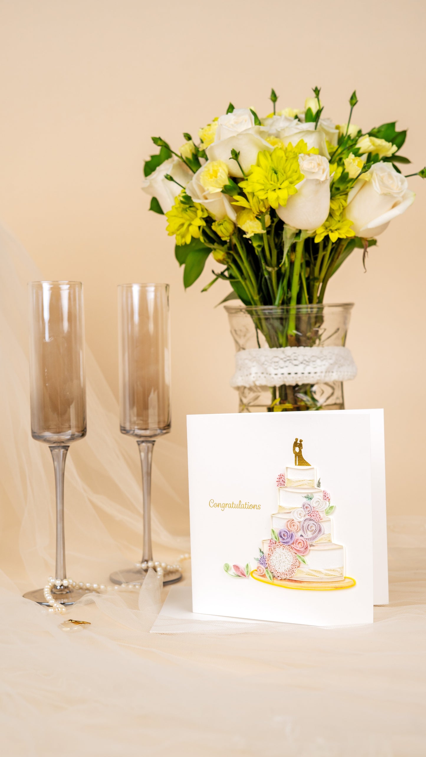 Quilled Floral Wedding Cake Greeting Card 7625063039055