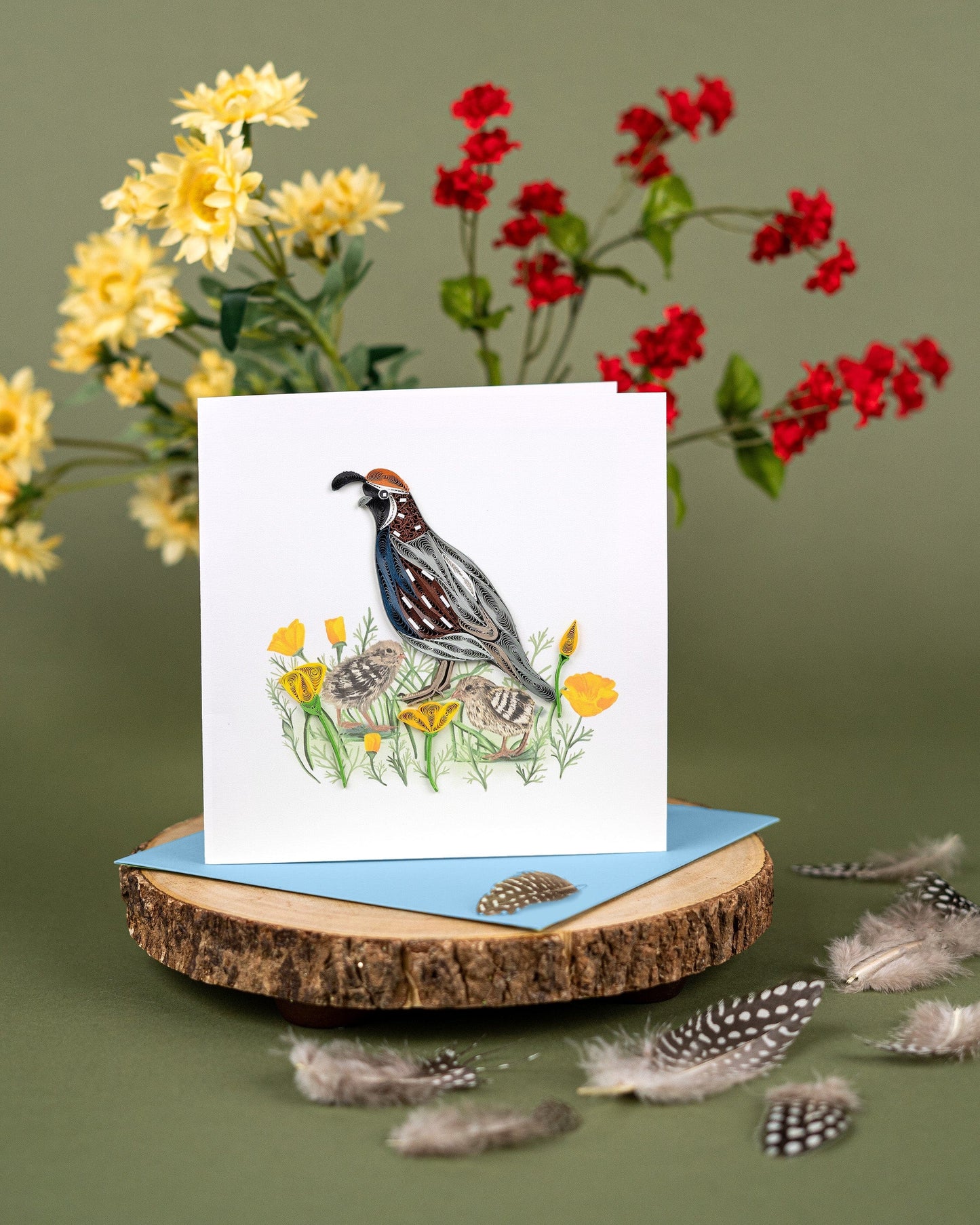 Quail with Chicks & Poppies Quilling Card