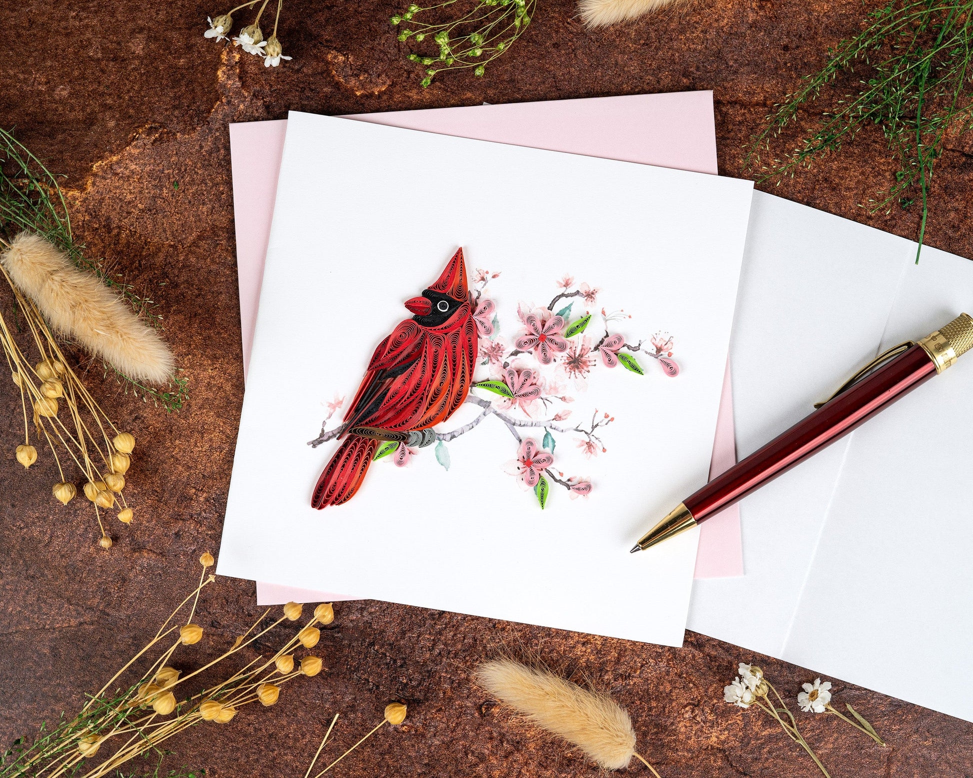 Cardinal & Cherry Blossom Quilling Card 