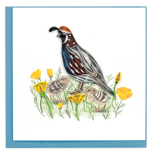 Quail with Chicks & Poppies Quilling Card